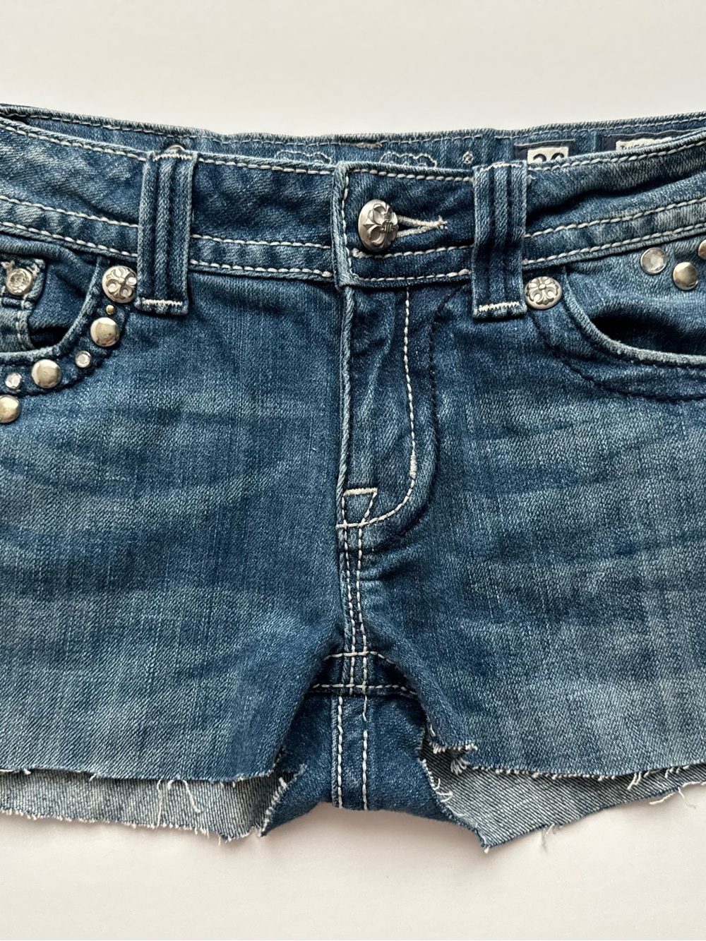 Y2K 2000s Festival Rave Trendy Rhinestone Embellished Cutoff Demin Shorts
